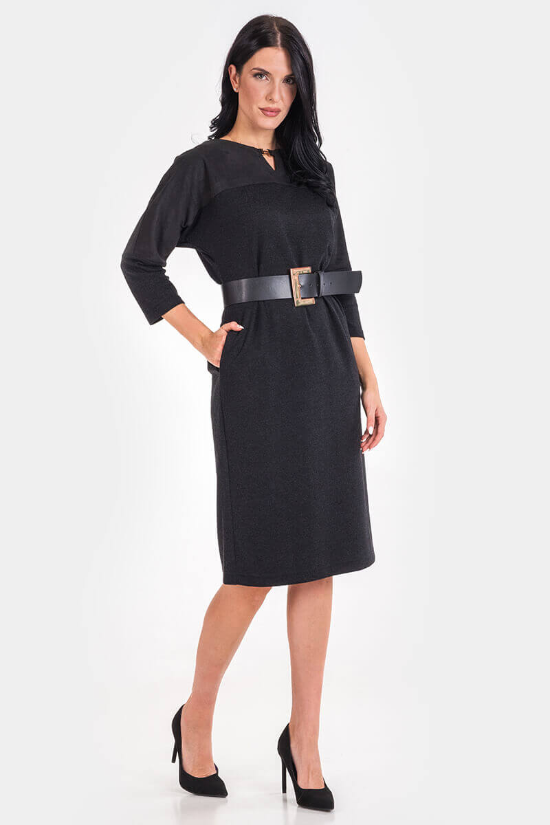 Κομψό μαύρο φόρεμα με ζώνη 1547B-09 Esito